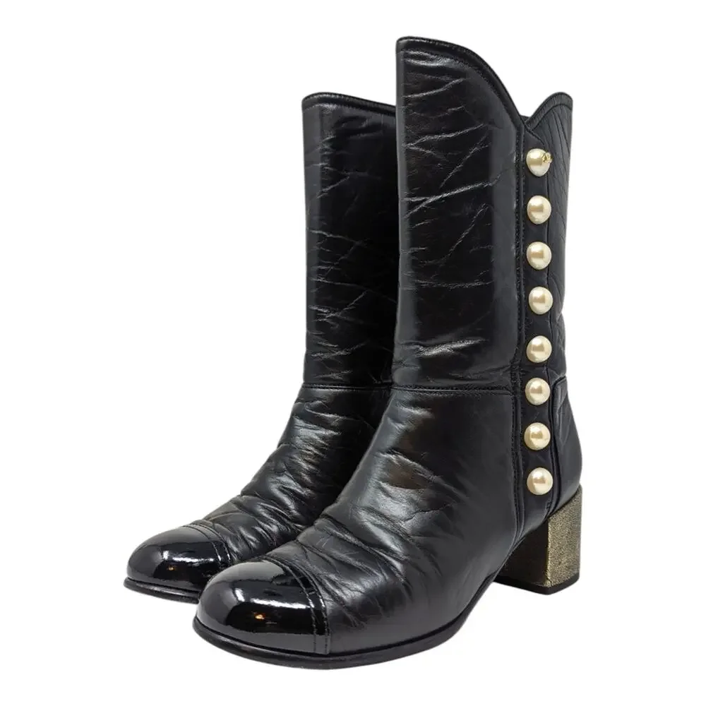 Chanel 2016 Aged Calfskin Ankle Boots Black Pearl Button CC Logo 36.5 | 6